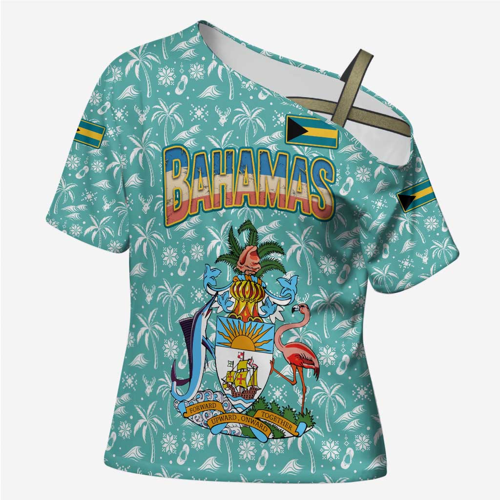 Bahamas Christmas Cross Shoulder Shirt with Teal Palm Pattern Carnival Santa and National Emblem Motif - Wonder Print Shop