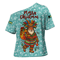 Bahamas Christmas Cross Shoulder Shirt with Teal Palm Pattern Carnival Santa and National Emblem Motif - Wonder Print Shop