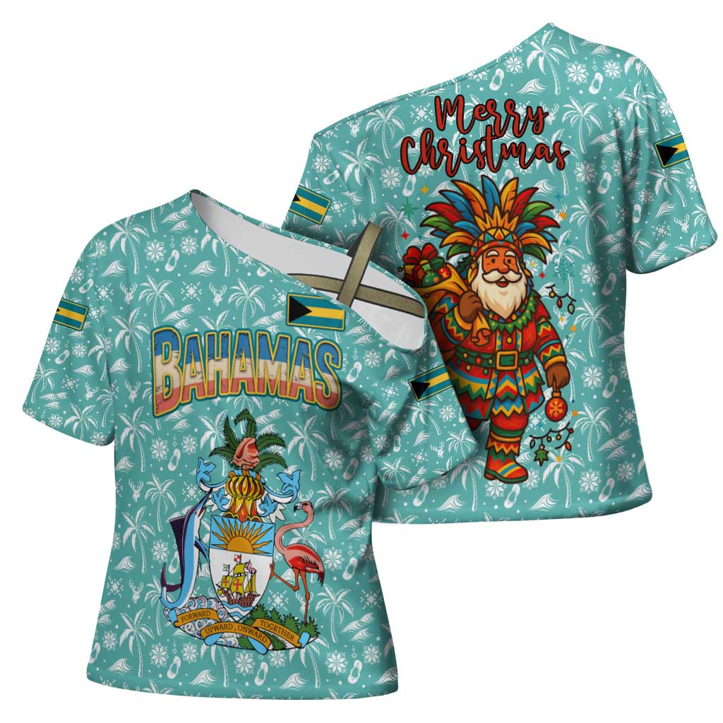 Bahamas Christmas Cross Shoulder Shirt with Teal Palm Pattern Carnival Santa and National Emblem Motif - Wonder Print Shop