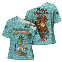 Bahamas Christmas Cross Shoulder Shirt with Teal Palm Pattern Carnival Santa and National Emblem Motif - Wonder Print Shop