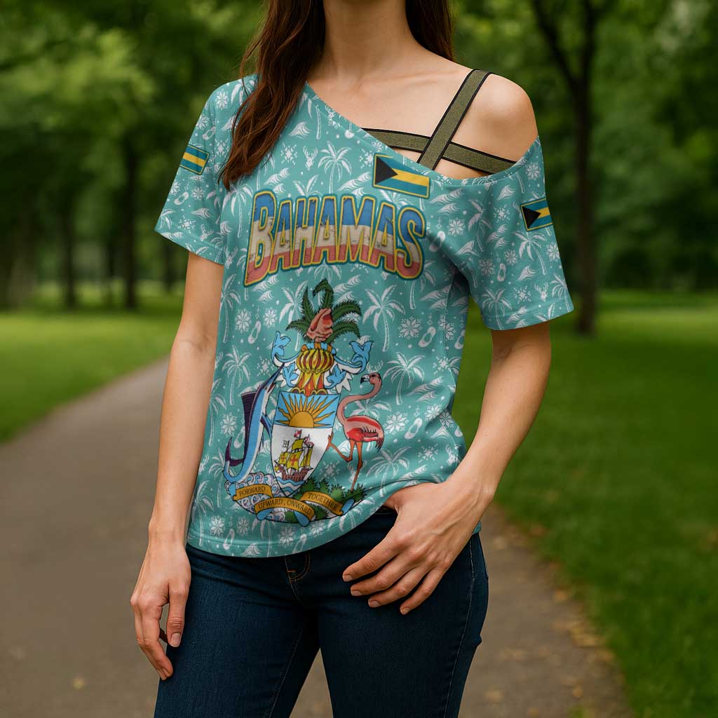 Bahamas Christmas Cross Shoulder Shirt with Teal Palm Pattern Carnival Santa and National Emblem Motif - Wonder Print Shop