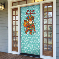 Bahamas Christmas Door Cover with Teal Palm Pattern Carnival Santa and National Emblem Motif - Wonder Print Shop