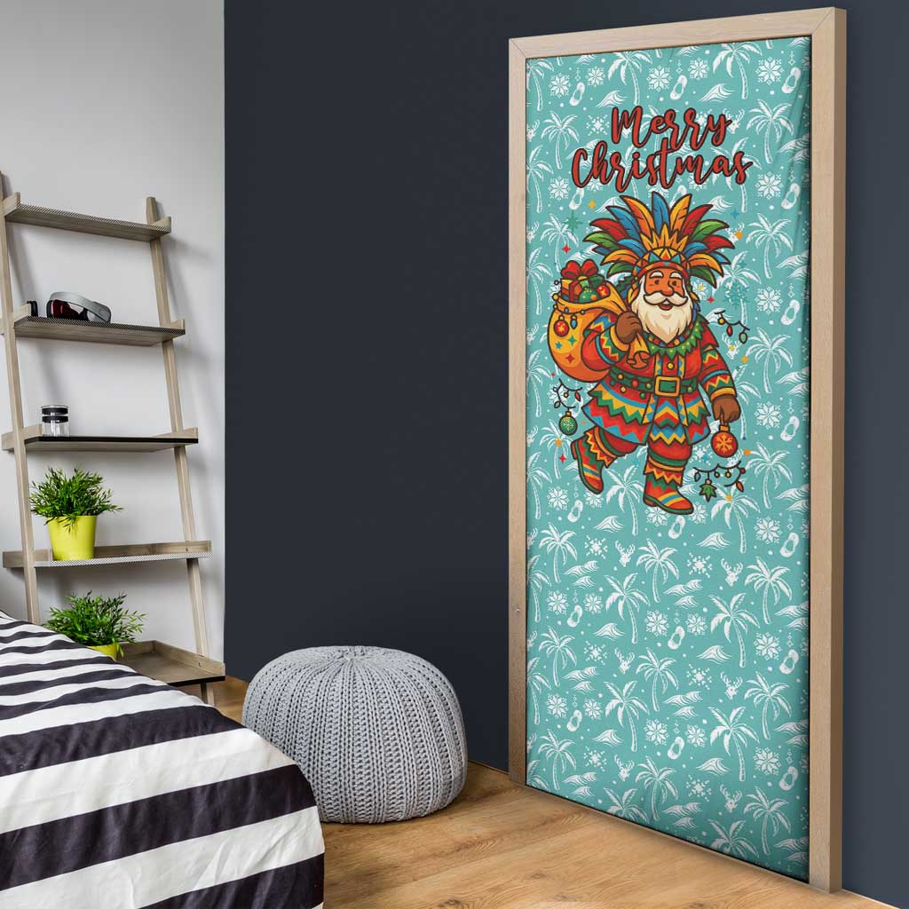 Bahamas Christmas Door Cover with Teal Palm Pattern Carnival Santa and National Emblem Motif - Wonder Print Shop