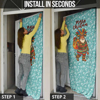 Bahamas Christmas Door Cover with Teal Palm Pattern Carnival Santa and National Emblem Motif - Wonder Print Shop