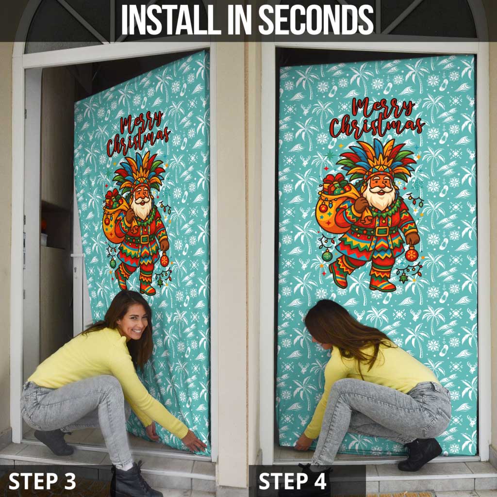 Bahamas Christmas Door Cover with Teal Palm Pattern Carnival Santa and National Emblem Motif - Wonder Print Shop
