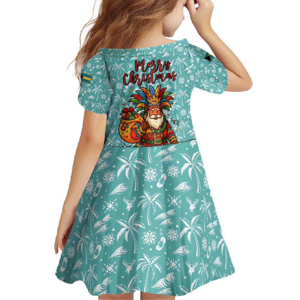 Bahamas Christmas Family Matching Long Sleeve Bodycon Dress and Hawaiian Shirt with Teal Palm Pattern Carnival Santa and National Emblem Motif - Wonder Print Shop