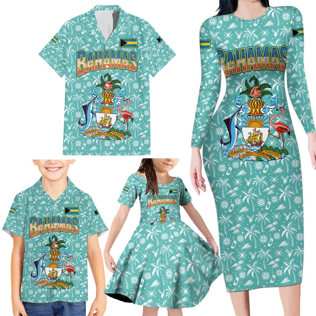 Bahamas Christmas Family Matching Long Sleeve Bodycon Dress and Hawaiian Shirt with Teal Palm Pattern Carnival Santa and National Emblem Motif - Wonder Print Shop