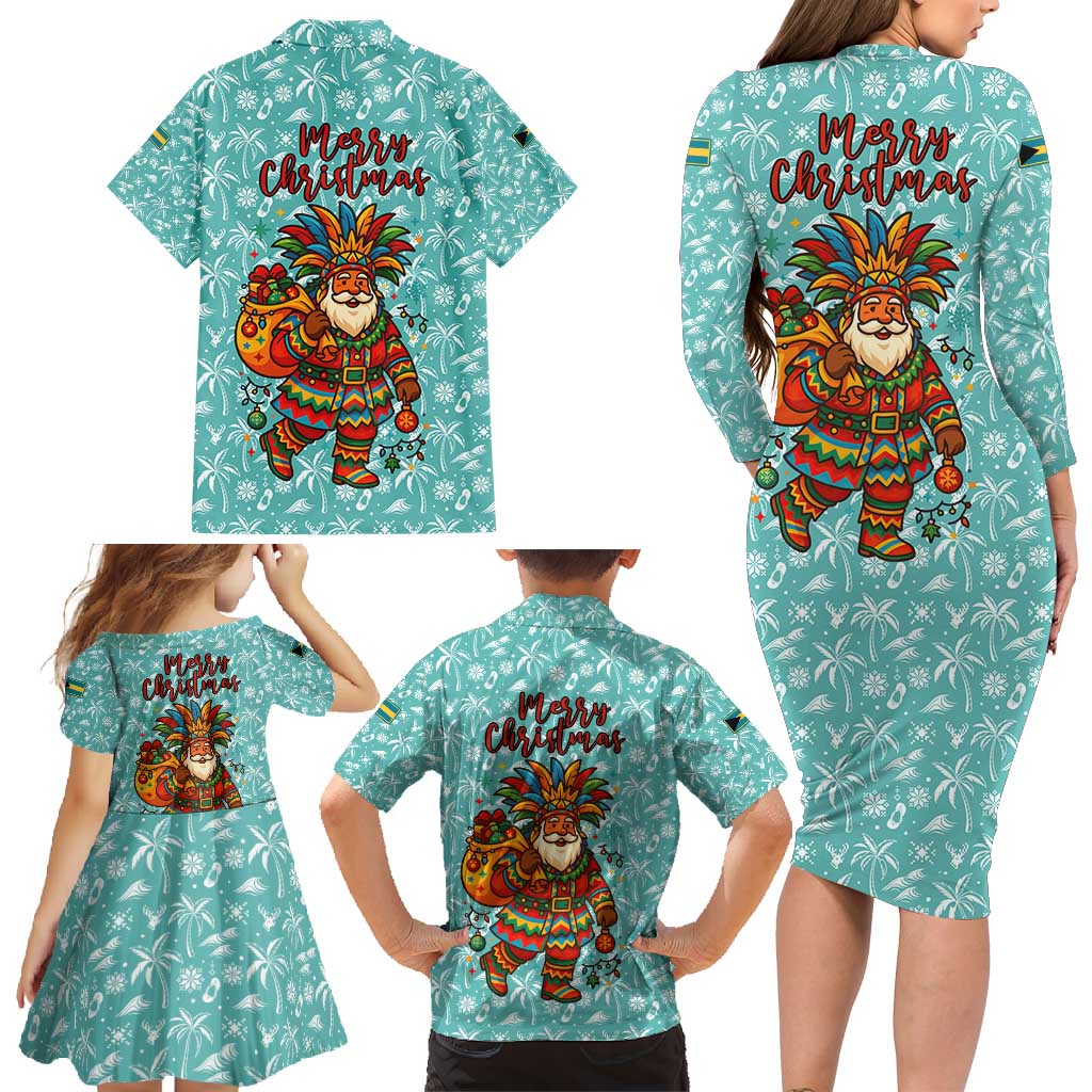 Bahamas Christmas Family Matching Long Sleeve Bodycon Dress and Hawaiian Shirt with Teal Palm Pattern Carnival Santa and National Emblem Motif - Wonder Print Shop