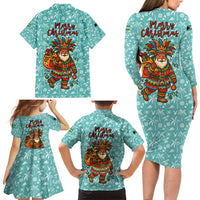 Bahamas Christmas Family Matching Long Sleeve Bodycon Dress and Hawaiian Shirt with Teal Palm Pattern Carnival Santa and National Emblem Motif - Wonder Print Shop