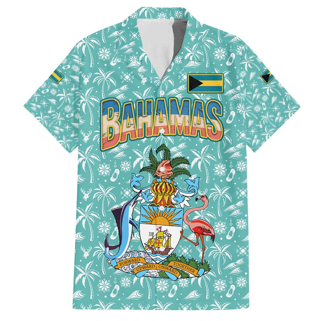 Bahamas Christmas Family Matching Long Sleeve Bodycon Dress and Hawaiian Shirt with Teal Palm Pattern Carnival Santa and National Emblem Motif - Wonder Print Shop
