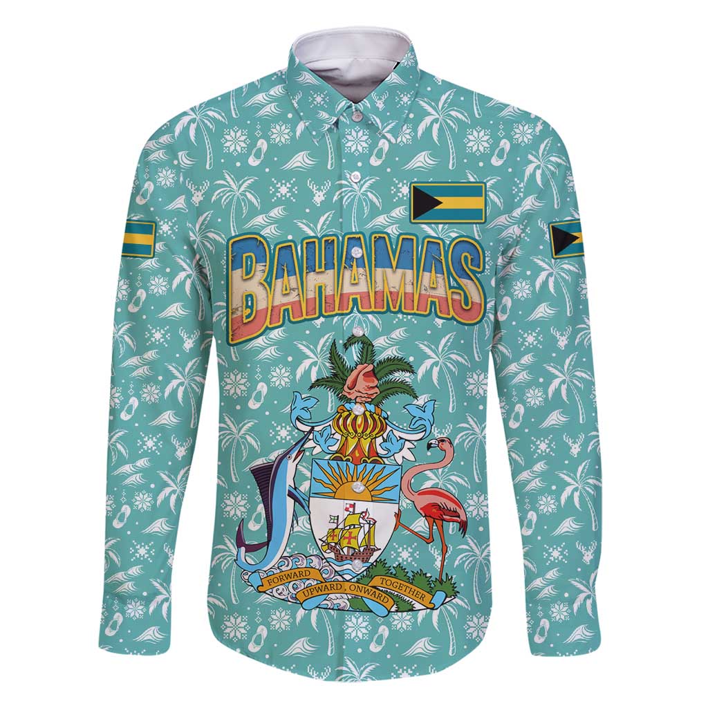 Bahamas Christmas Family Matching Long Sleeve Bodycon Dress and Hawaiian Shirt with Teal Palm Pattern Carnival Santa and National Emblem Motif - Wonder Print Shop