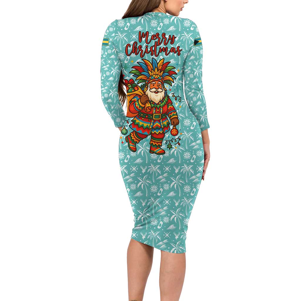 Bahamas Christmas Family Matching Long Sleeve Bodycon Dress and Hawaiian Shirt with Teal Palm Pattern Carnival Santa and National Emblem Motif - Wonder Print Shop