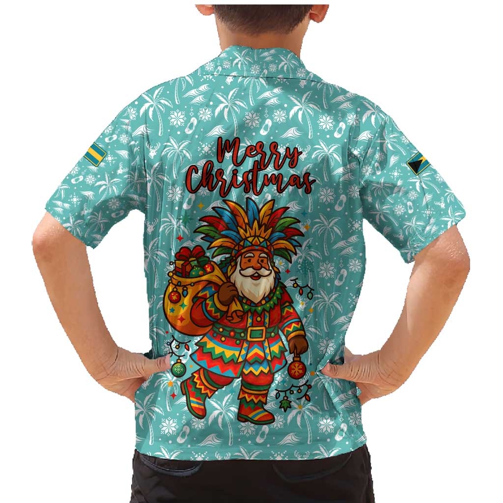 Bahamas Christmas Family Matching Mermaid Dress and Hawaiian Shirt with Teal Palm Pattern Carnival Santa and National Emblem Motif - Wonder Print Shop