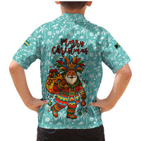 Bahamas Christmas Family Matching Mermaid Dress and Hawaiian Shirt with Teal Palm Pattern Carnival Santa and National Emblem Motif - Wonder Print Shop