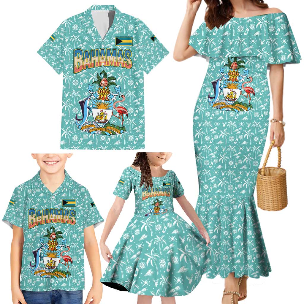 Bahamas Christmas Family Matching Mermaid Dress and Hawaiian Shirt with Teal Palm Pattern Carnival Santa and National Emblem Motif - Wonder Print Shop