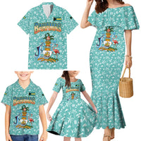 Bahamas Christmas Family Matching Mermaid Dress and Hawaiian Shirt with Teal Palm Pattern Carnival Santa and National Emblem Motif - Wonder Print Shop