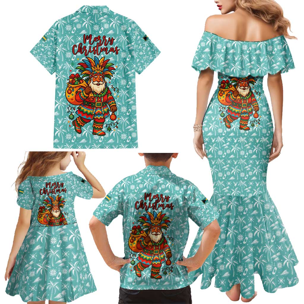 Bahamas Christmas Family Matching Mermaid Dress and Hawaiian Shirt with Teal Palm Pattern Carnival Santa and National Emblem Motif - Wonder Print Shop