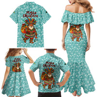 Bahamas Christmas Family Matching Mermaid Dress and Hawaiian Shirt with Teal Palm Pattern Carnival Santa and National Emblem Motif - Wonder Print Shop