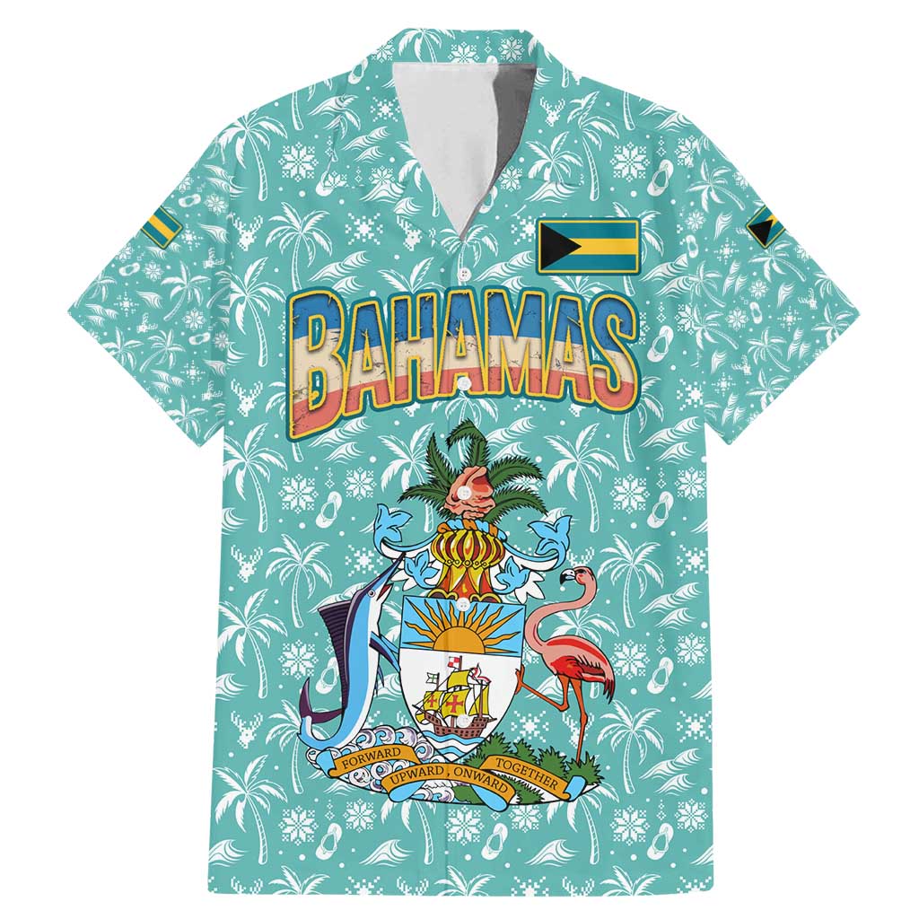 Bahamas Christmas Family Matching Mermaid Dress and Hawaiian Shirt with Teal Palm Pattern Carnival Santa and National Emblem Motif - Wonder Print Shop