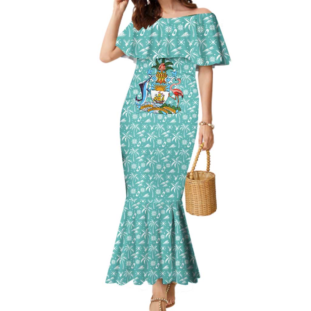 Bahamas Christmas Family Matching Mermaid Dress and Hawaiian Shirt with Teal Palm Pattern Carnival Santa and National Emblem Motif - Wonder Print Shop