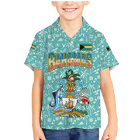 Bahamas Christmas Family Matching Mermaid Dress and Hawaiian Shirt with Teal Palm Pattern Carnival Santa and National Emblem Motif - Wonder Print Shop