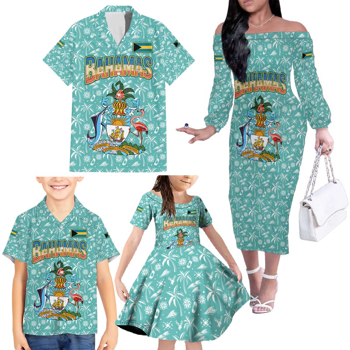 Bahamas Christmas Family Matching Off The Shoulder Long Sleeve Dress and Hawaiian Shirt with Teal Palm Pattern Carnival Santa and National Emblem Motif - Wonder Print Shop