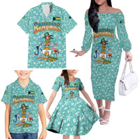 Bahamas Christmas Family Matching Off The Shoulder Long Sleeve Dress and Hawaiian Shirt with Teal Palm Pattern Carnival Santa and National Emblem Motif - Wonder Print Shop