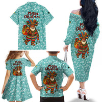 Bahamas Christmas Family Matching Off The Shoulder Long Sleeve Dress and Hawaiian Shirt with Teal Palm Pattern Carnival Santa and National Emblem Motif - Wonder Print Shop