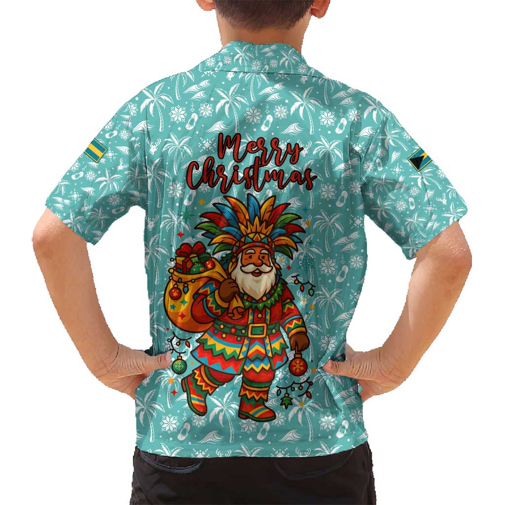 Bahamas Christmas Family Matching Off Shoulder Maxi Dress and Hawaiian Shirt with Teal Palm Pattern Carnival Santa and National Emblem Motif - Wonder Print Shop