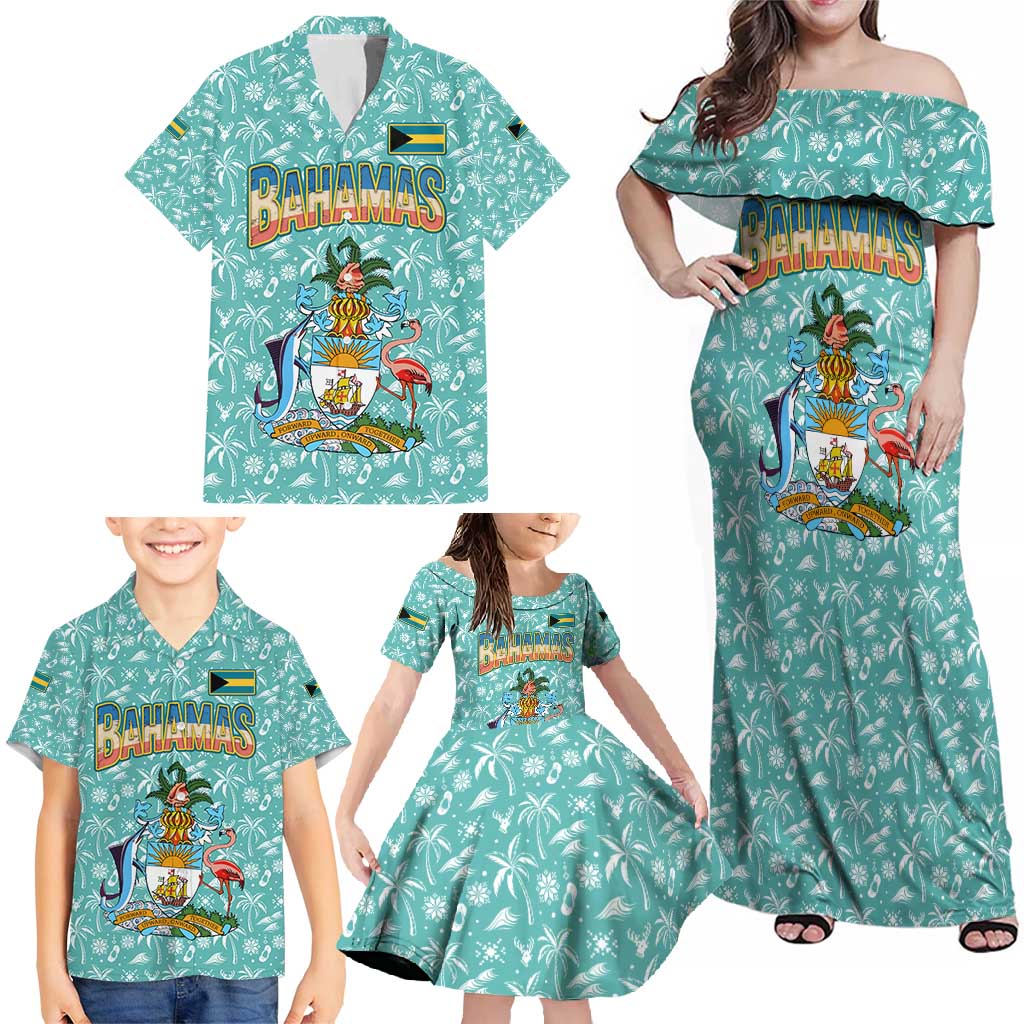 Bahamas Christmas Family Matching Off Shoulder Maxi Dress and Hawaiian Shirt with Teal Palm Pattern Carnival Santa and National Emblem Motif - Wonder Print Shop