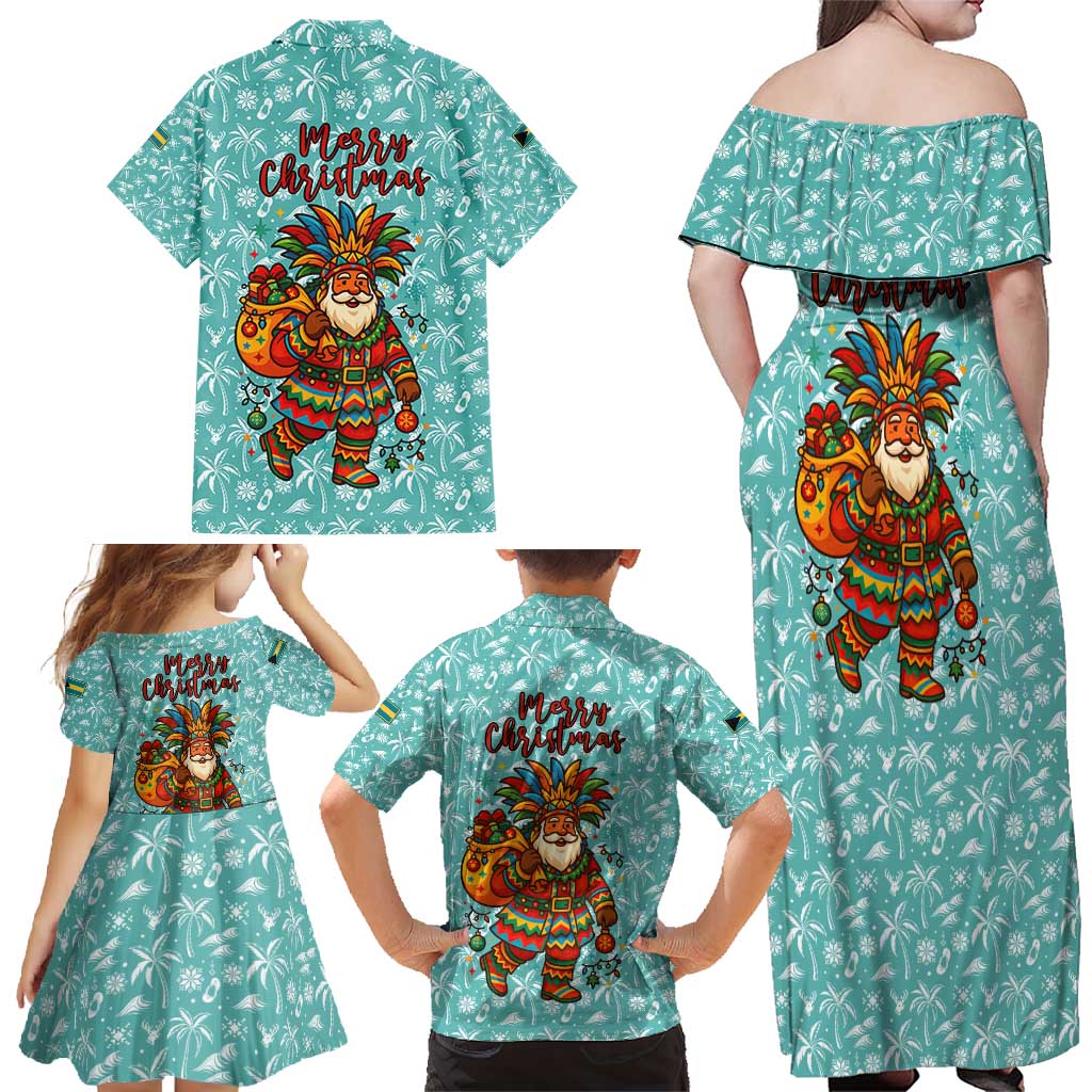 Bahamas Christmas Family Matching Off Shoulder Maxi Dress and Hawaiian Shirt with Teal Palm Pattern Carnival Santa and National Emblem Motif - Wonder Print Shop