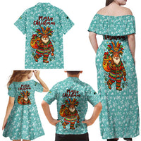 Bahamas Christmas Family Matching Off Shoulder Maxi Dress and Hawaiian Shirt with Teal Palm Pattern Carnival Santa and National Emblem Motif - Wonder Print Shop