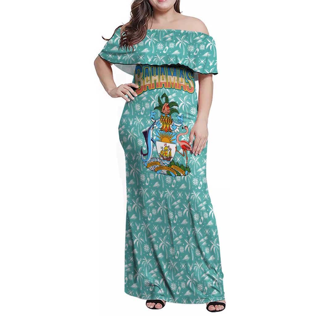 Bahamas Christmas Family Matching Off Shoulder Maxi Dress and Hawaiian Shirt with Teal Palm Pattern Carnival Santa and National Emblem Motif - Wonder Print Shop