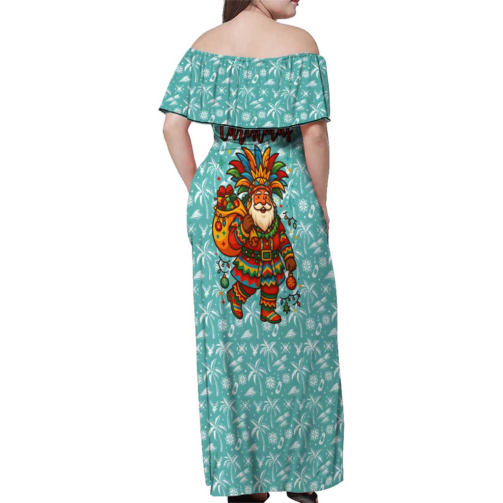 Bahamas Christmas Family Matching Off Shoulder Maxi Dress and Hawaiian Shirt with Teal Palm Pattern Carnival Santa and National Emblem Motif - Wonder Print Shop