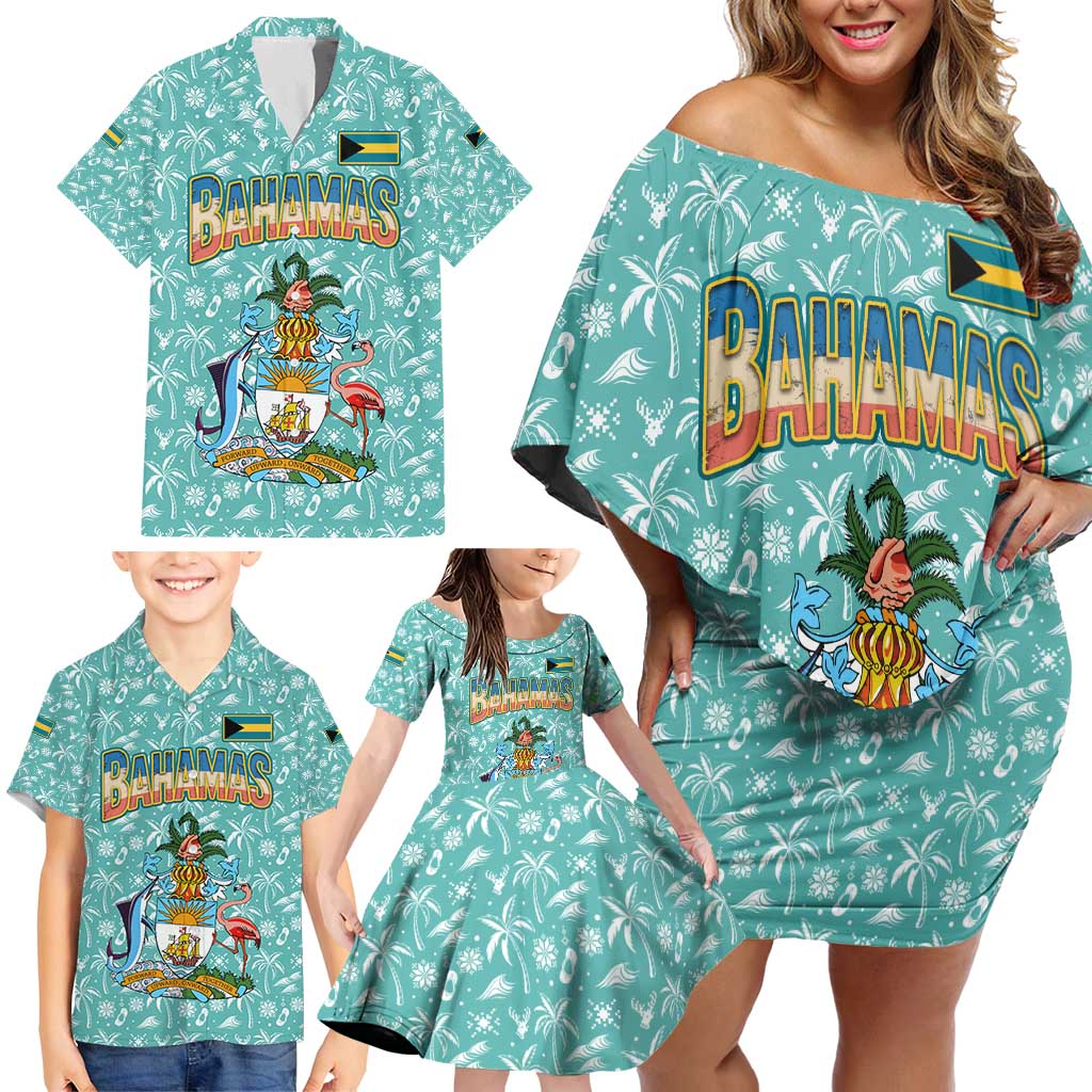 Bahamas Christmas Family Matching Off Shoulder Short Dress and Hawaiian Shirt with Teal Palm Pattern Carnival Santa and National Emblem Motif - Wonder Print Shop