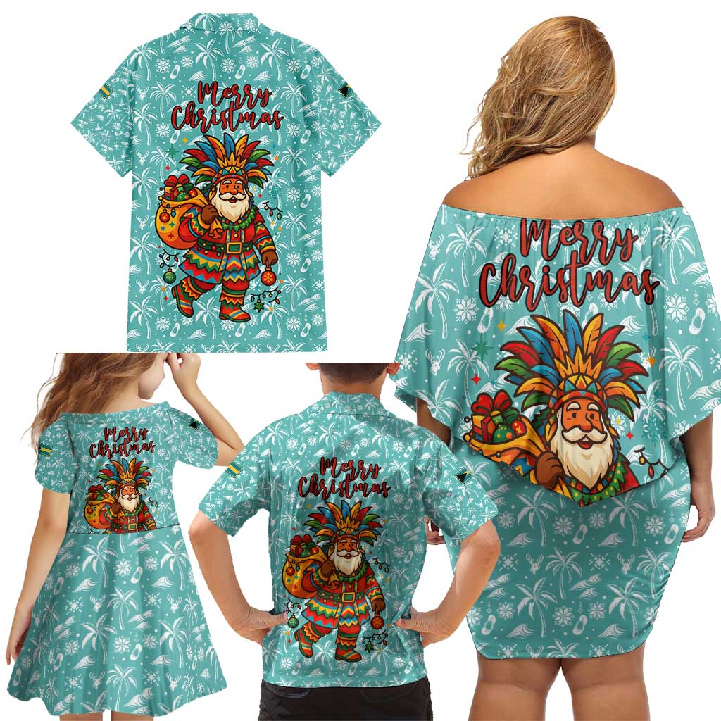 Bahamas Christmas Family Matching Off Shoulder Short Dress and Hawaiian Shirt with Teal Palm Pattern Carnival Santa and National Emblem Motif - Wonder Print Shop