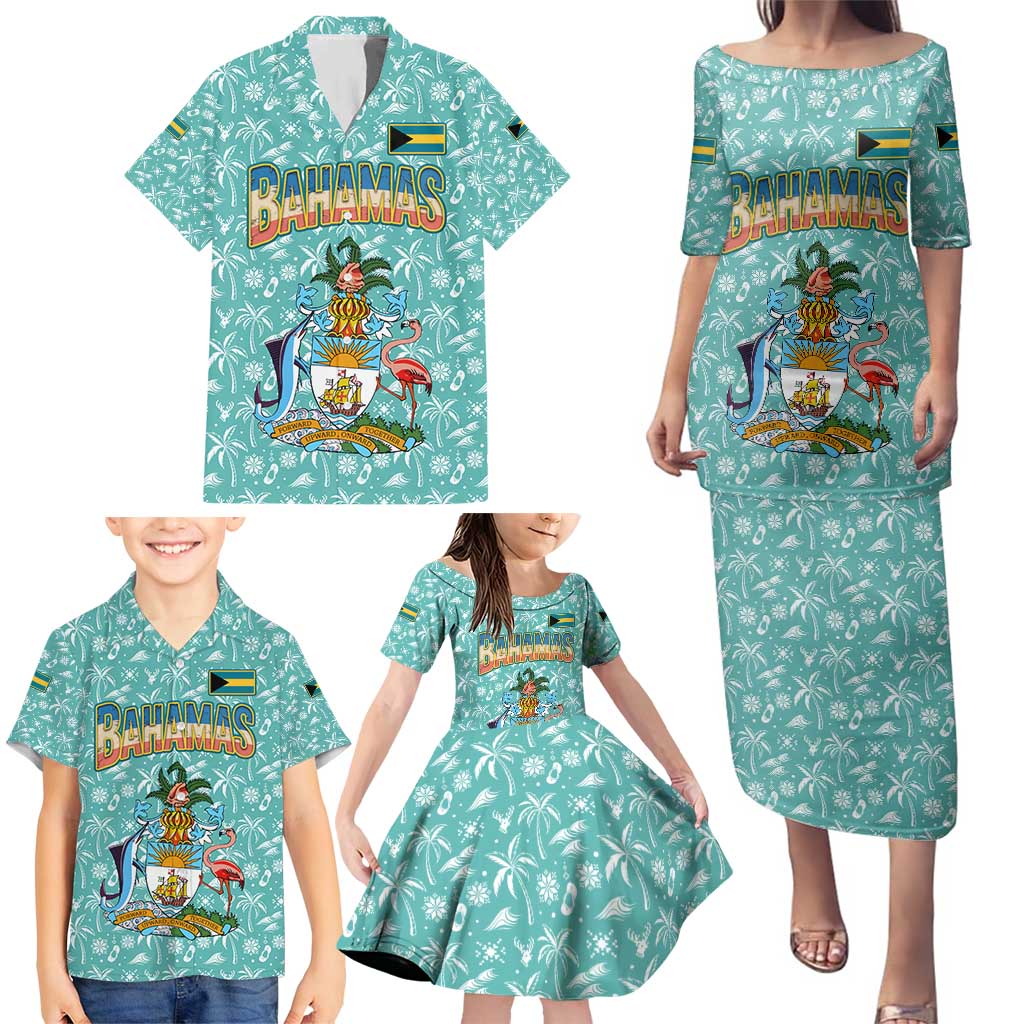 Bahamas Christmas Family Matching Puletasi and Hawaiian Shirt with Teal Palm Pattern Carnival Santa and National Emblem Motif - Wonder Print Shop