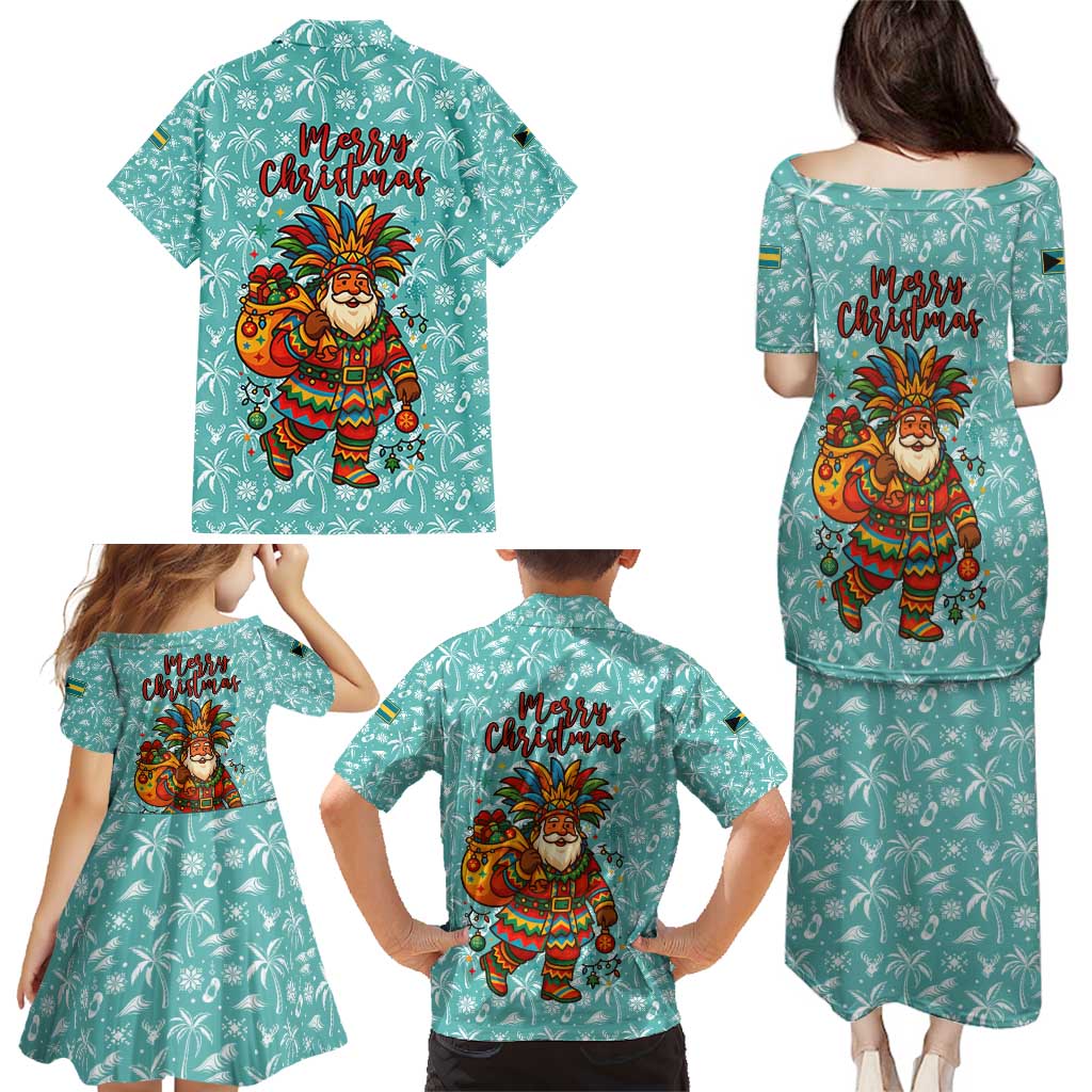 Bahamas Christmas Family Matching Puletasi and Hawaiian Shirt with Teal Palm Pattern Carnival Santa and National Emblem Motif - Wonder Print Shop