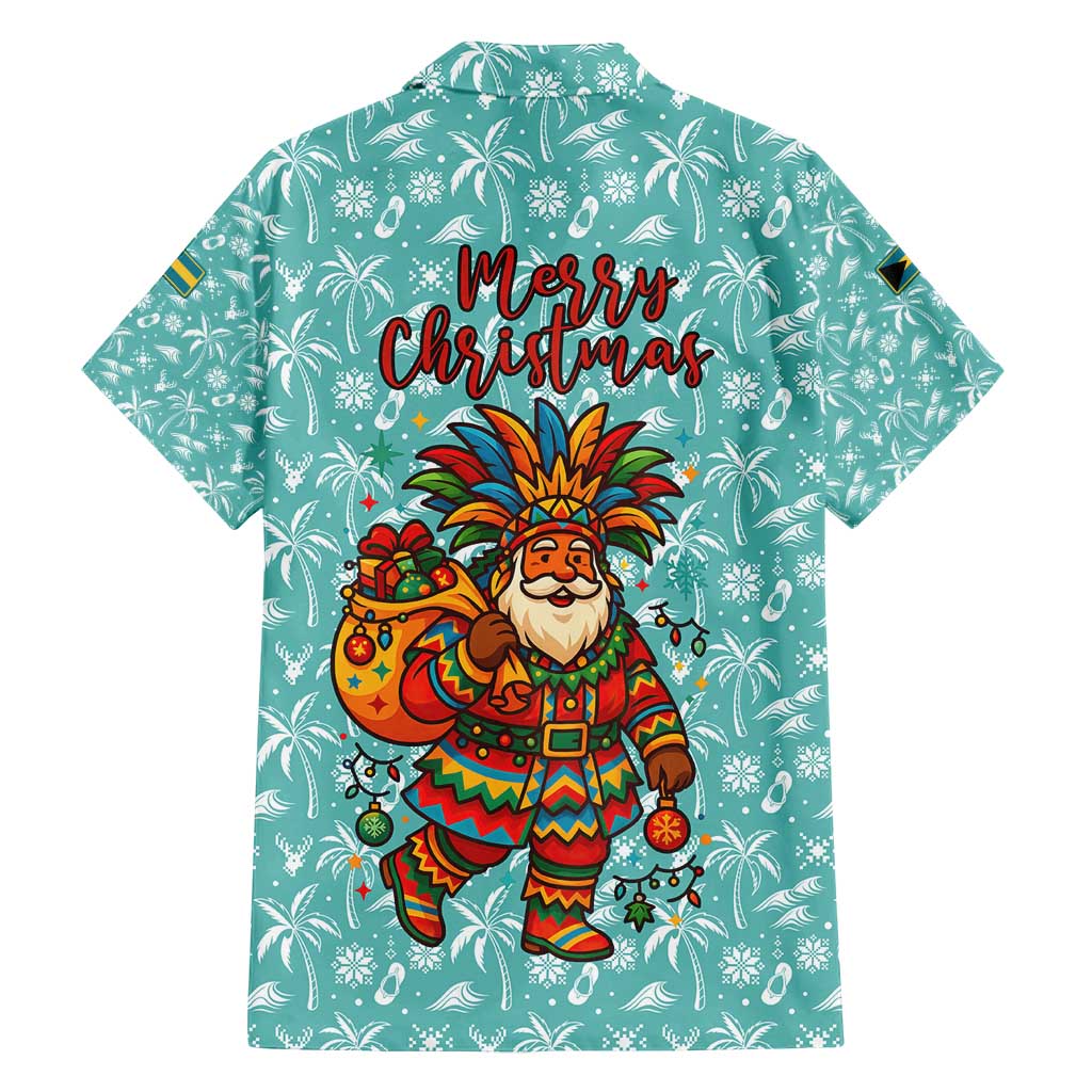 Bahamas Christmas Family Matching Puletasi and Hawaiian Shirt with Teal Palm Pattern Carnival Santa and National Emblem Motif - Wonder Print Shop