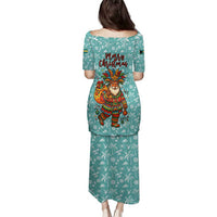 Bahamas Christmas Family Matching Puletasi and Hawaiian Shirt with Teal Palm Pattern Carnival Santa and National Emblem Motif - Wonder Print Shop