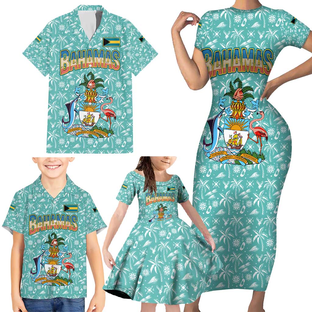 Bahamas Christmas Family Matching Short Sleeve Bodycon Dress and Hawaiian Shirt with Teal Palm Pattern Carnival Santa and National Emblem Motif - Wonder Print Shop