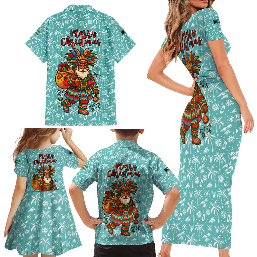 Bahamas Christmas Family Matching Short Sleeve Bodycon Dress and Hawaiian Shirt with Teal Palm Pattern Carnival Santa and National Emblem Motif - Wonder Print Shop