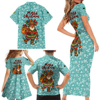Bahamas Christmas Family Matching Short Sleeve Bodycon Dress and Hawaiian Shirt with Teal Palm Pattern Carnival Santa and National Emblem Motif - Wonder Print Shop