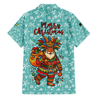 Bahamas Christmas Family Matching Short Sleeve Bodycon Dress and Hawaiian Shirt with Teal Palm Pattern Carnival Santa and National Emblem Motif - Wonder Print Shop
