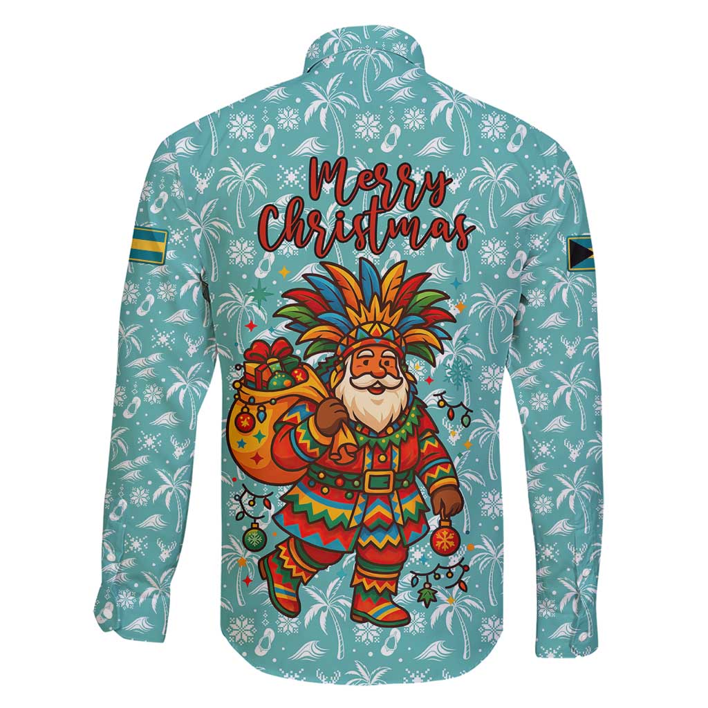 Bahamas Christmas Family Matching Short Sleeve Bodycon Dress and Hawaiian Shirt with Teal Palm Pattern Carnival Santa and National Emblem Motif - Wonder Print Shop