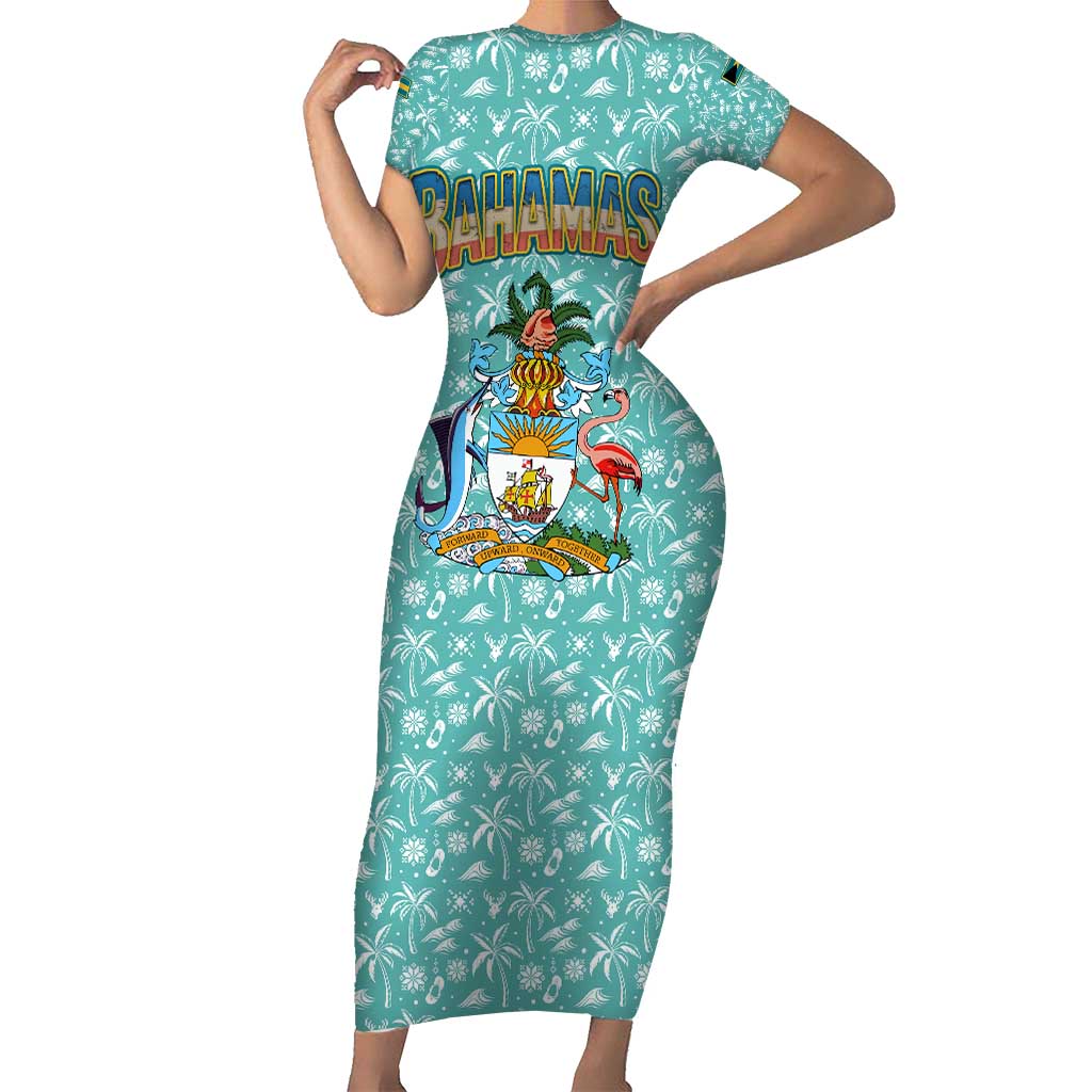 Bahamas Christmas Family Matching Short Sleeve Bodycon Dress and Hawaiian Shirt with Teal Palm Pattern Carnival Santa and National Emblem Motif - Wonder Print Shop