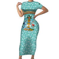 Bahamas Christmas Family Matching Short Sleeve Bodycon Dress and Hawaiian Shirt with Teal Palm Pattern Carnival Santa and National Emblem Motif - Wonder Print Shop