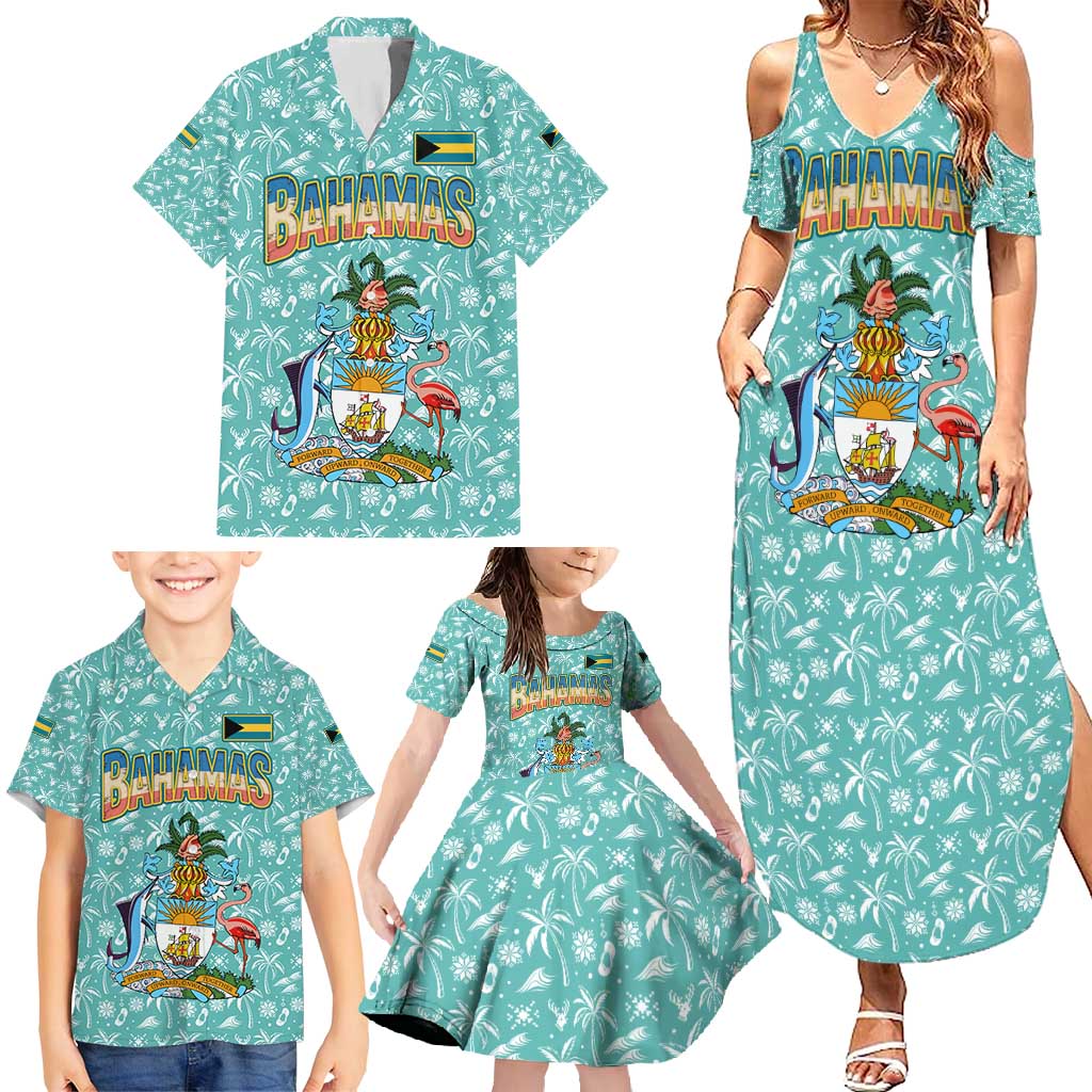 Bahamas Christmas Family Matching Summer Maxi Dress and Hawaiian Shirt with Teal Palm Pattern Carnival Santa and National Emblem Motif - Wonder Print Shop
