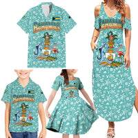 Bahamas Christmas Family Matching Summer Maxi Dress and Hawaiian Shirt with Teal Palm Pattern Carnival Santa and National Emblem Motif - Wonder Print Shop