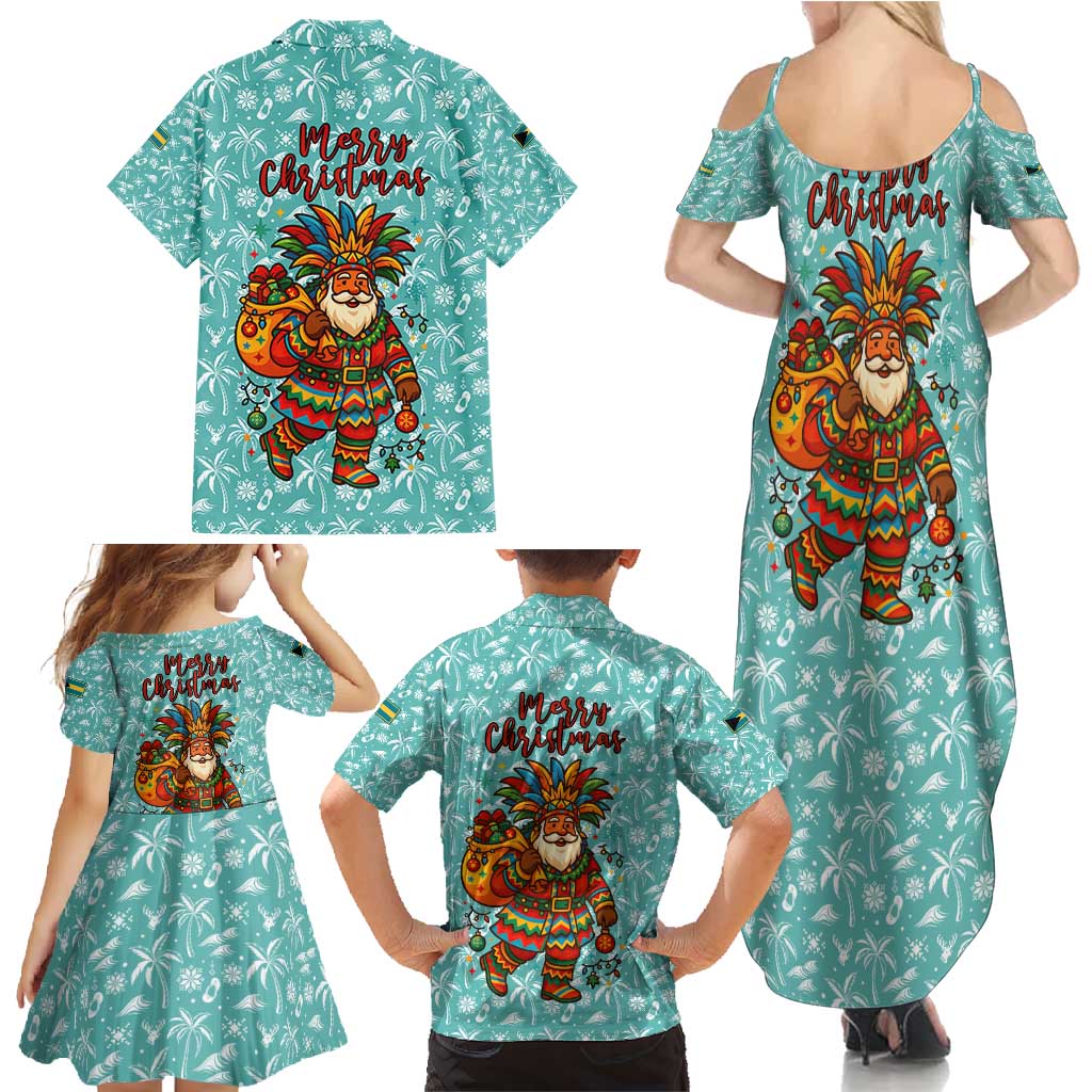 Bahamas Christmas Family Matching Summer Maxi Dress and Hawaiian Shirt with Teal Palm Pattern Carnival Santa and National Emblem Motif - Wonder Print Shop